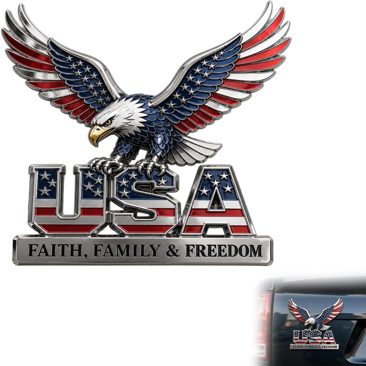 USA Faith, Family & Freedom 3D Metal Emblem - Patriotic Eagle Car Badge