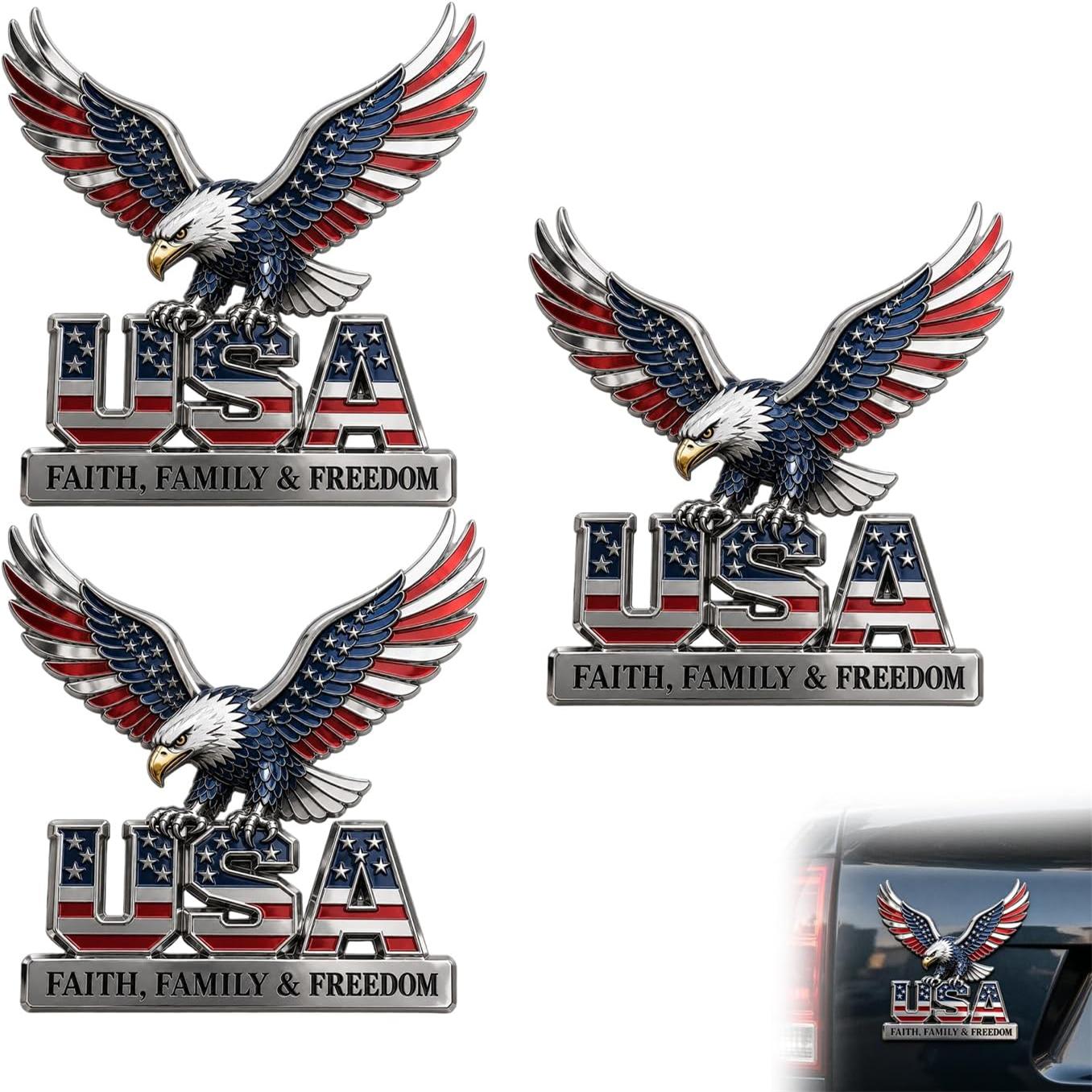 USA Faith, Family & Freedom 3D Metal Emblem - Patriotic Eagle Car Badge