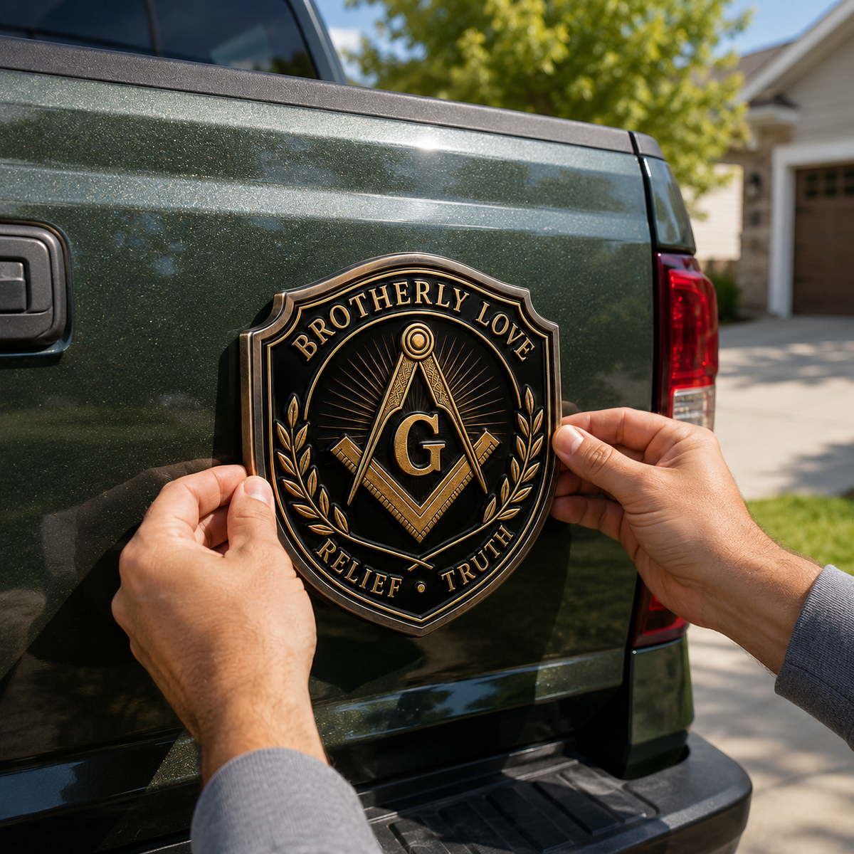 Freemason Metal Car Emblem – Brotherhood, Relief & Truth Masonic Badge for Cars, Trucks & Toolboxes