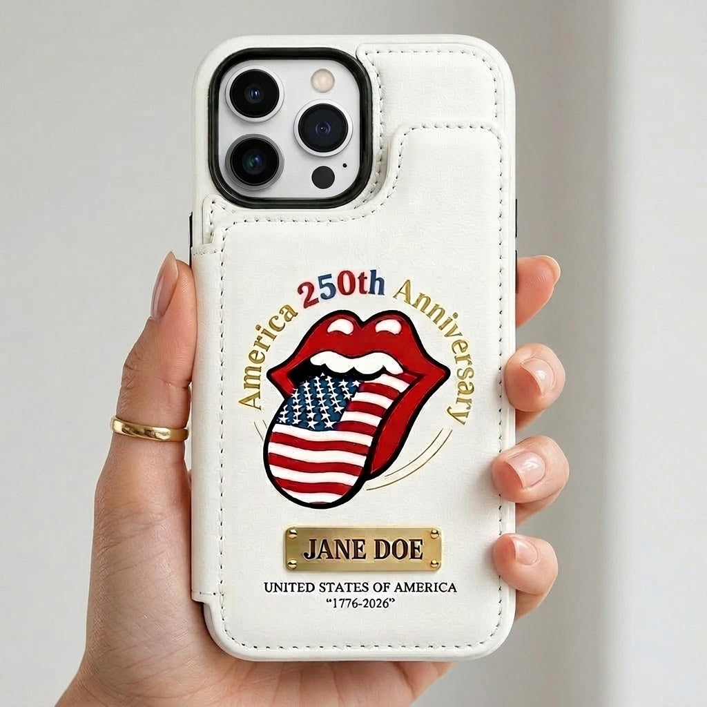 Personalized 1776–2026 Tribute Wallet Phone Case Custom Name & Bold Lips-and-Flag Motif Leather Cover
