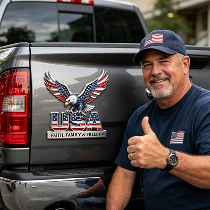 USA Faith, Family & Freedom 3D Metal Emblem - Patriotic Eagle Car Badge