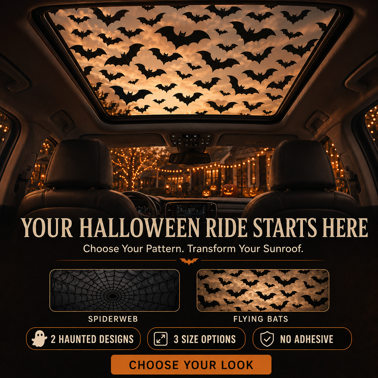 🕸🦇Halloween Sunroof Decal – Gothic Spiderweb & Bats Window Overlay