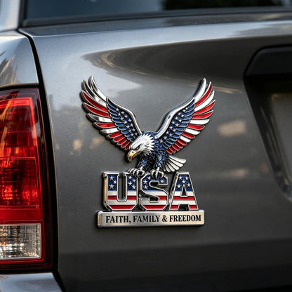 USA Faith, Family & Freedom 3D Metal Emblem - Patriotic Eagle Car Badge