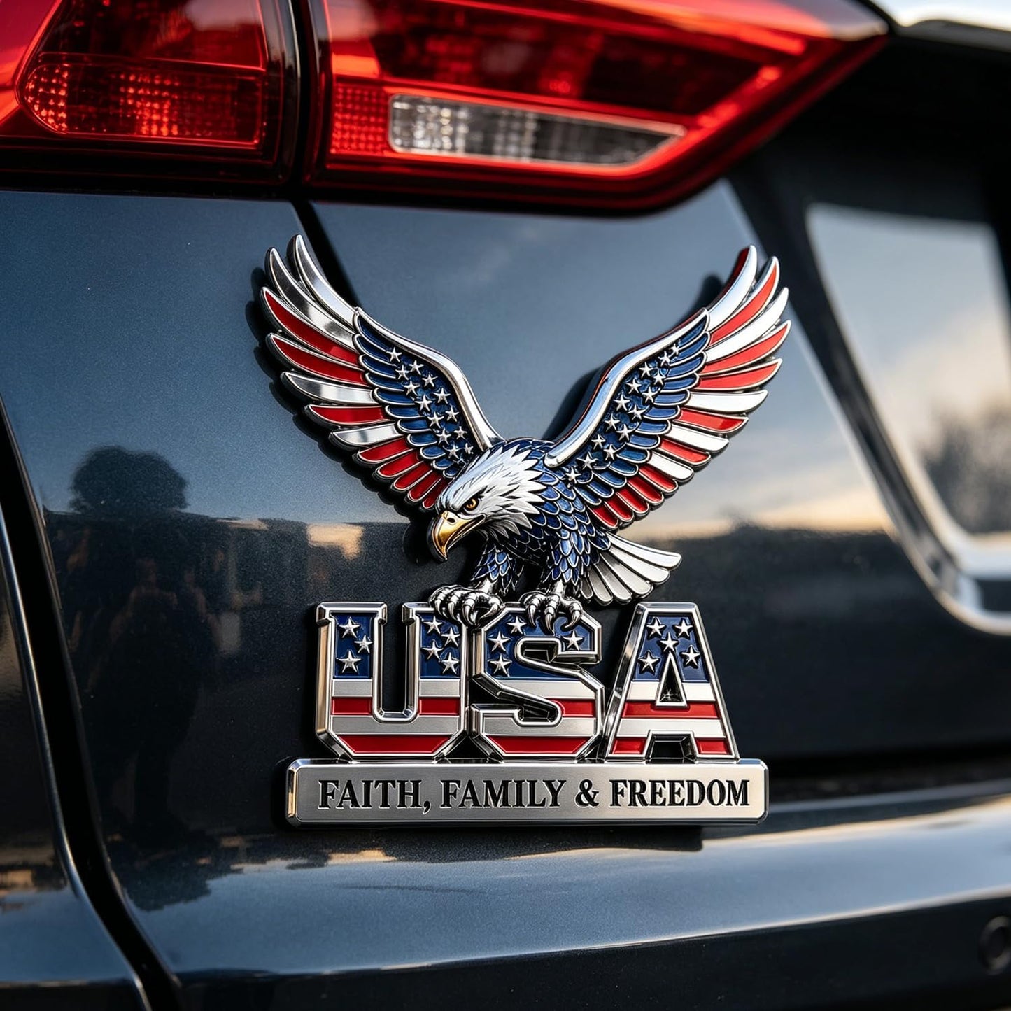 USA Faith, Family & Freedom 3D Metal Emblem - Patriotic Eagle Car Badge
