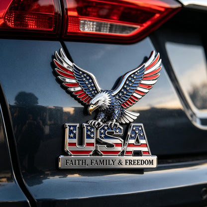 USA Faith, Family & Freedom 3D Metal Emblem - Patriotic Eagle Car Badge