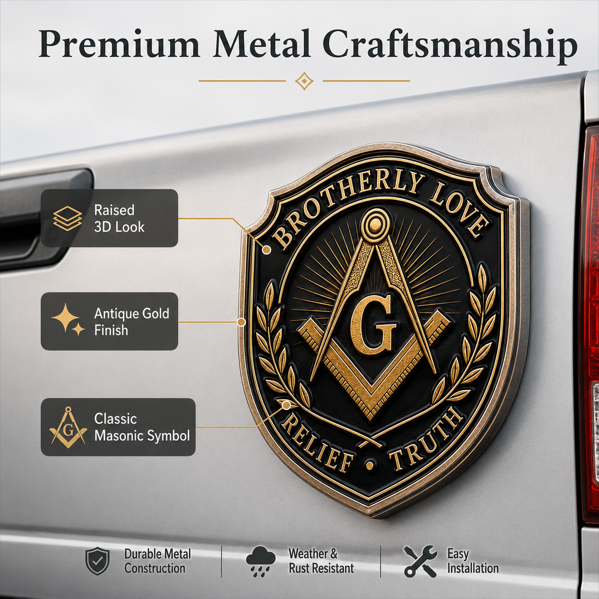 Freemason Metal Car Emblem – Brotherhood, Relief & Truth Masonic Badge for Cars, Trucks & Toolboxes