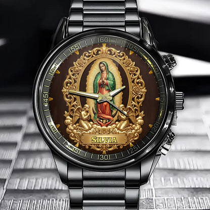Personalized Our Lady of Guadalupe Watch – Custom Name, Elegant Religious Motif