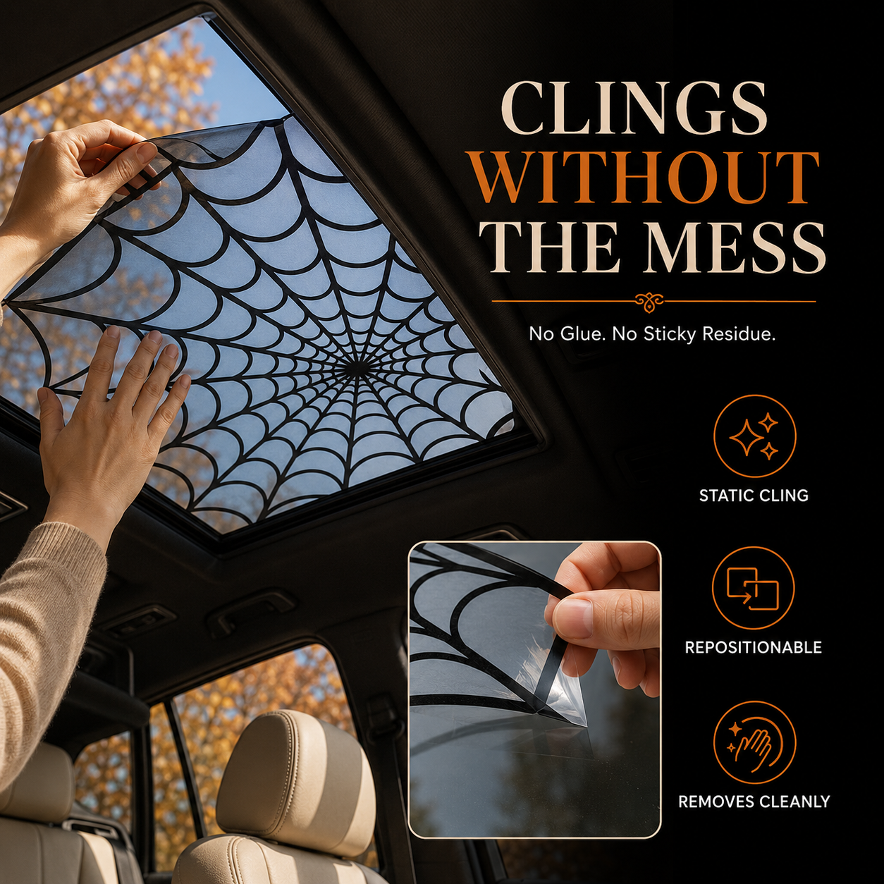 🕸🦇Halloween Sunroof Decal – Gothic Spiderweb & Bats Window Overlay
