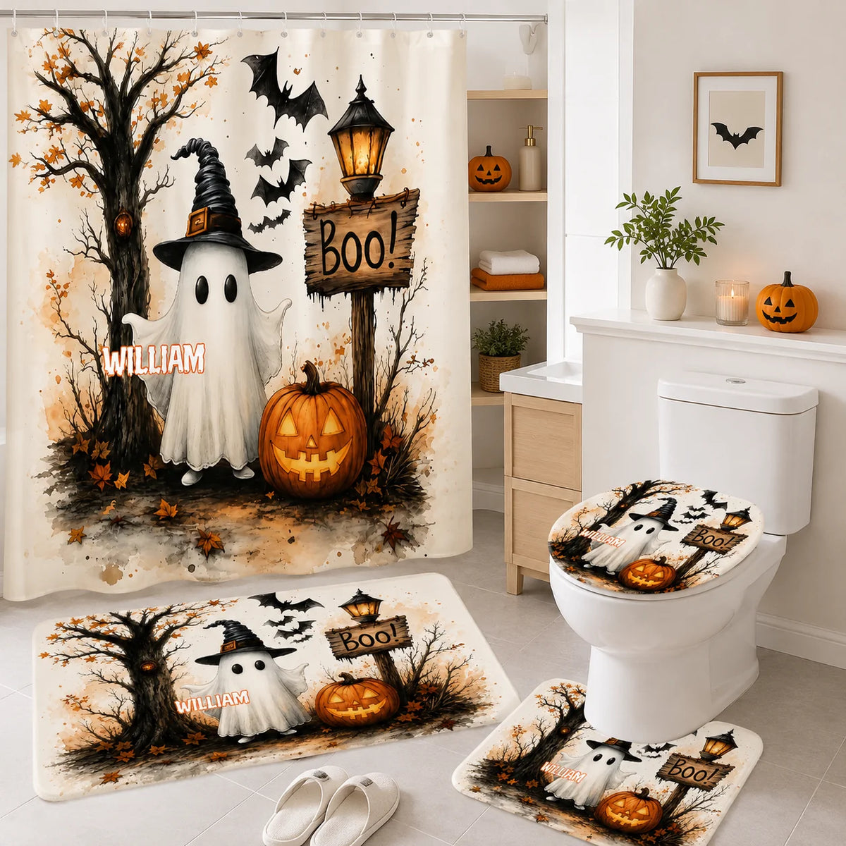 Custom Halloween Bathroom Set - Personalized Spooky Bathroom Decor - A Little Boo For Your Loo