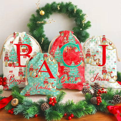 Custom Christmas Drawstring Bag - Personalized Name & Initial Gift Bag - Made For Merry Surprises