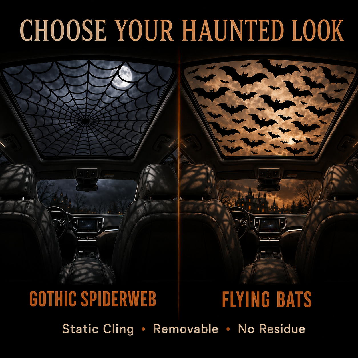 🕸🦇Halloween Sunroof Decal – Gothic Spiderweb & Bats Window Overlay