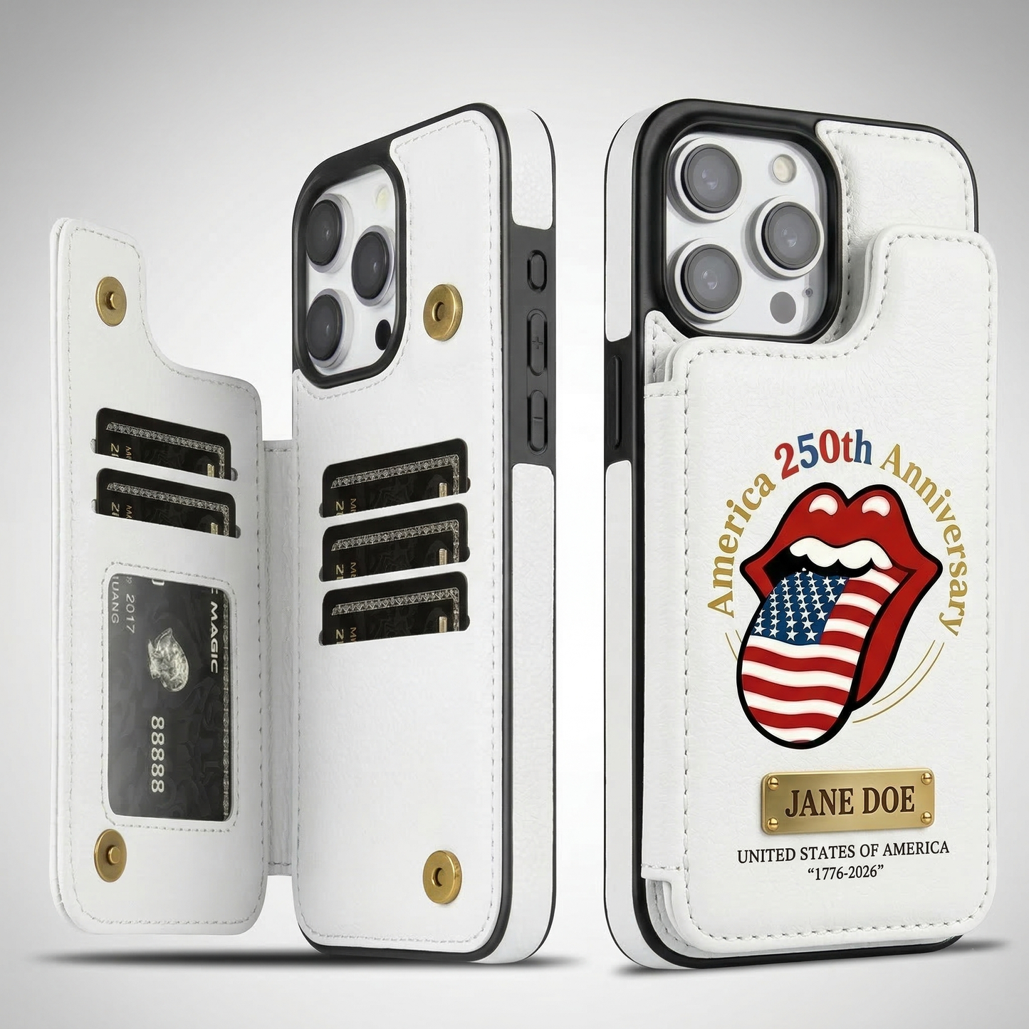 Personalized 1776–2026 Tribute Wallet Phone Case Custom Name & Bold Lips-and-Flag Motif Leather Cover