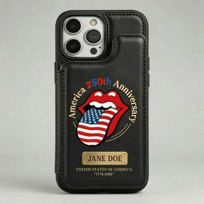 Personalized 1776–2026 Tribute Wallet Phone Case Custom Name & Bold Lips-and-Flag Motif Leather Cover