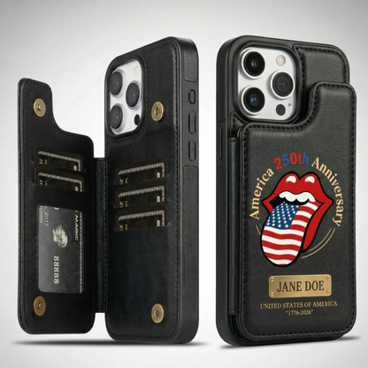Personalized 1776–2026 Tribute Wallet Phone Case Custom Name & Bold Lips-and-Flag Motif Leather Cover
