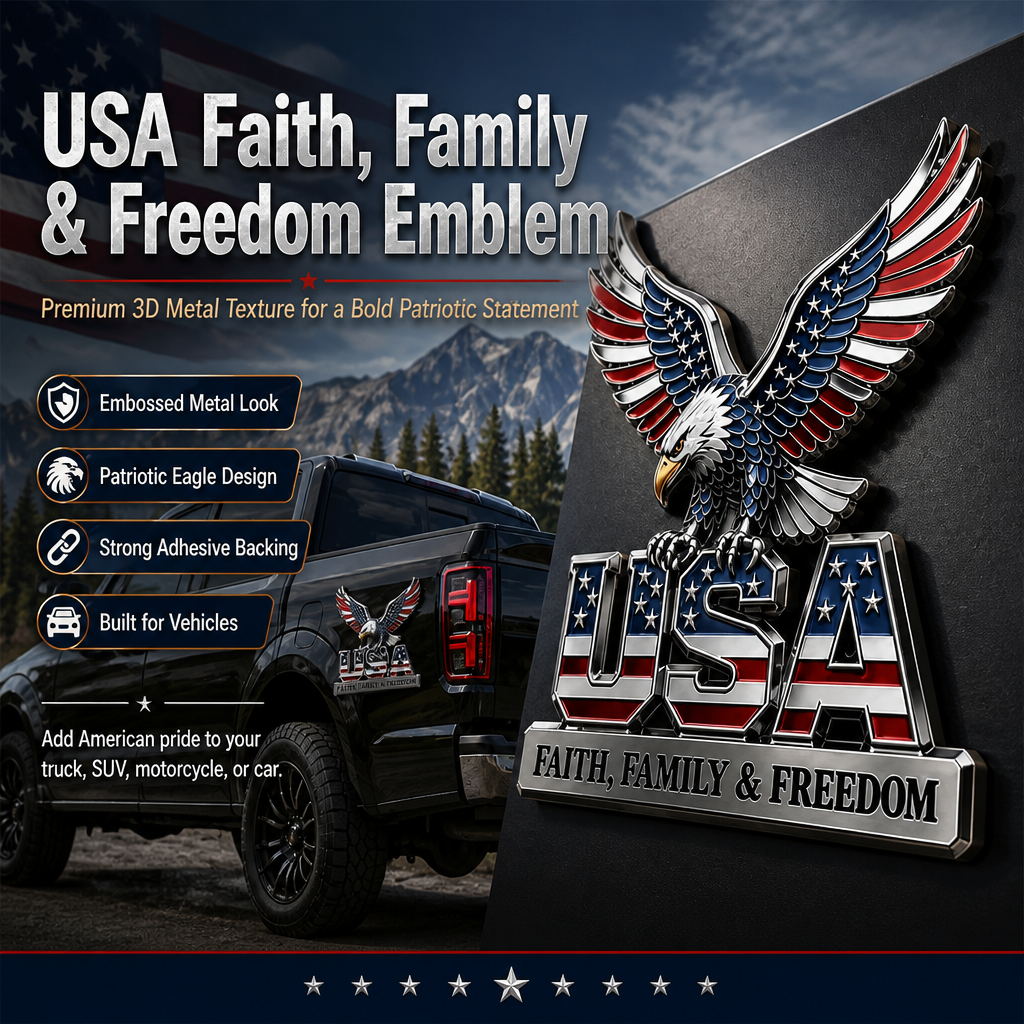 USA Faith, Family & Freedom 3D Metal Emblem - Patriotic Eagle Car Badge