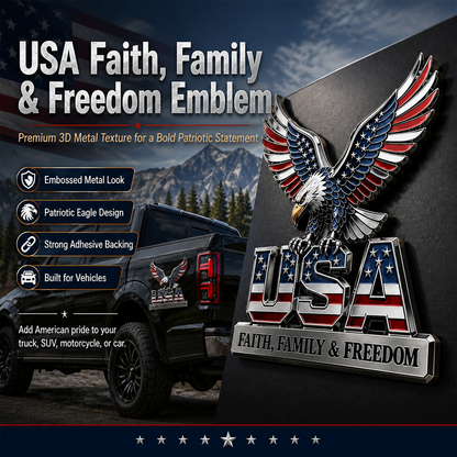 USA Faith, Family & Freedom 3D Metal Emblem - Patriotic Eagle Car Badge