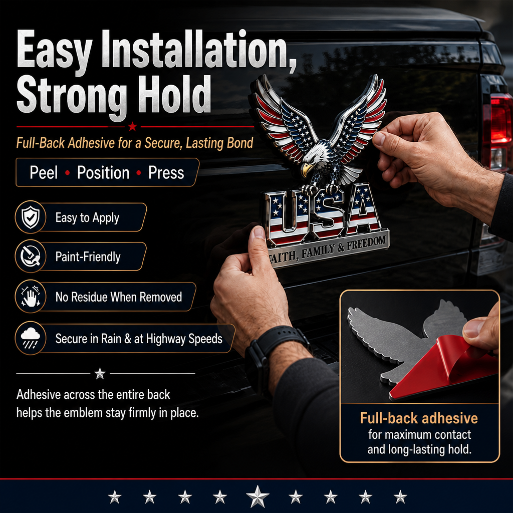 USA Faith, Family & Freedom 3D Metal Emblem - Patriotic Eagle Car Badge