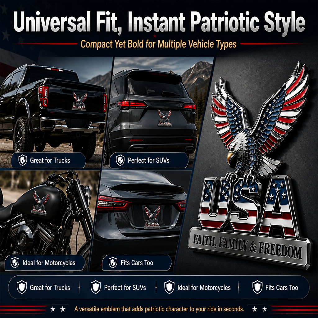 USA Faith, Family & Freedom 3D Metal Emblem - Patriotic Eagle Car Badge