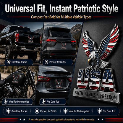 USA Faith, Family & Freedom 3D Metal Emblem - Patriotic Eagle Car Badge