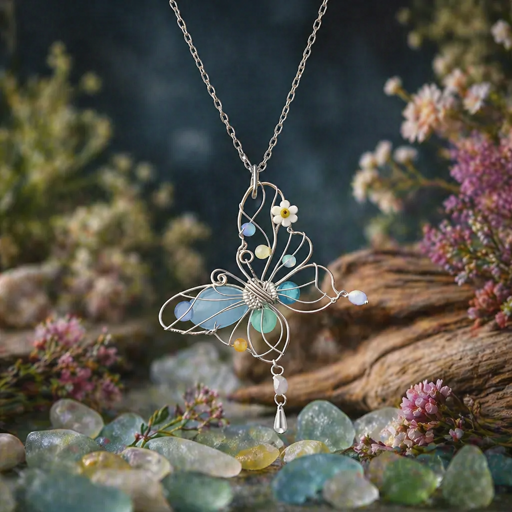 Sea Glass Butterfly & Dragonfly Pendant Necklace — Handmade Beach Jewelry Gift