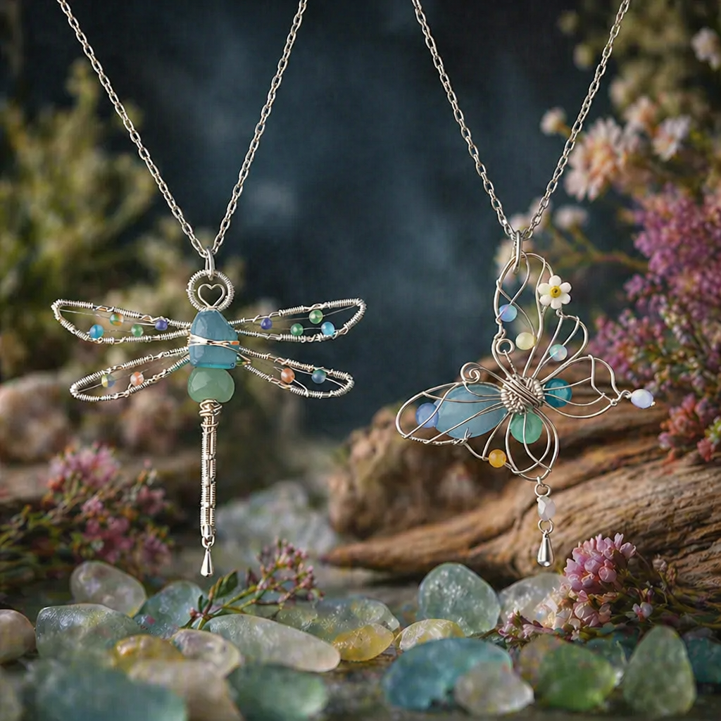 Sea Glass Butterfly & Dragonfly Pendant Necklace — Handmade Beach Jewelry Gift