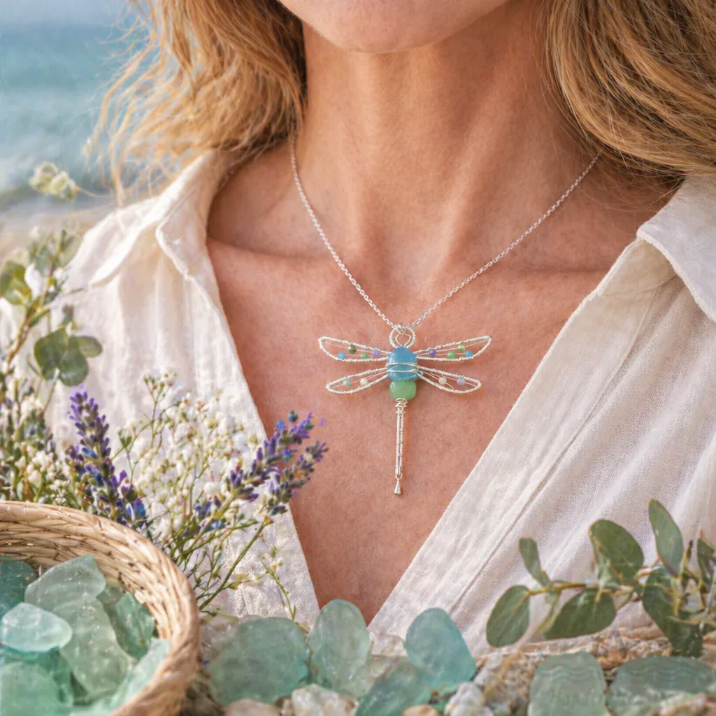 Sea Glass Butterfly & Dragonfly Pendant Necklace — Handmade Beach Jewelry Gift