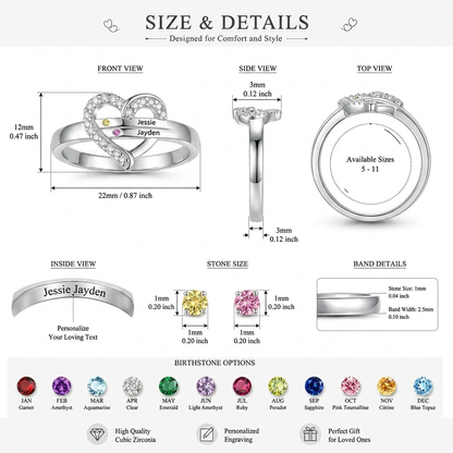 1-7 Names & Birthstones Heart Ring