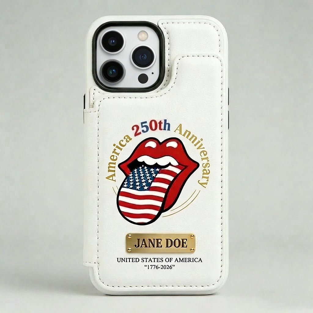 Personalized 1776–2026 Tribute Wallet Phone Case Custom Name & Bold Lips-and-Flag Motif Leather Cover
