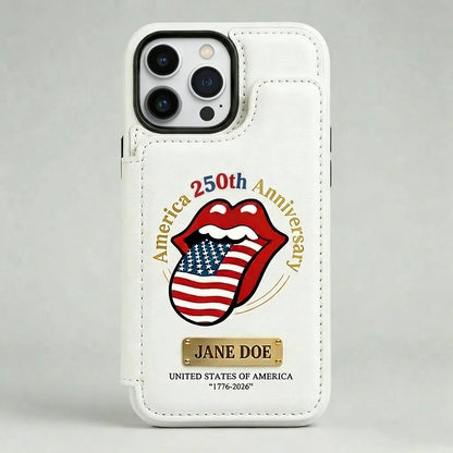 Personalized 1776–2026 Tribute Wallet Phone Case Custom Name & Bold Lips-and-Flag Motif Leather Cover