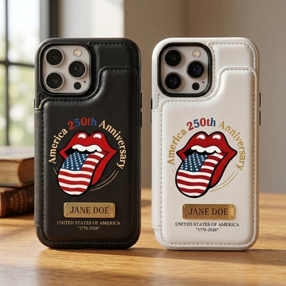 Personalized 1776–2026 Tribute Wallet Phone Case Custom Name & Bold Lips-and-Flag Motif Leather Cover