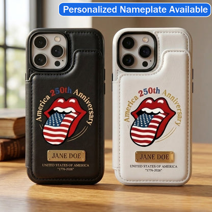 Personalized 1776–2026 Tribute Wallet Phone Case Custom Name & Bold Lips-and-Flag Motif Leather Cover